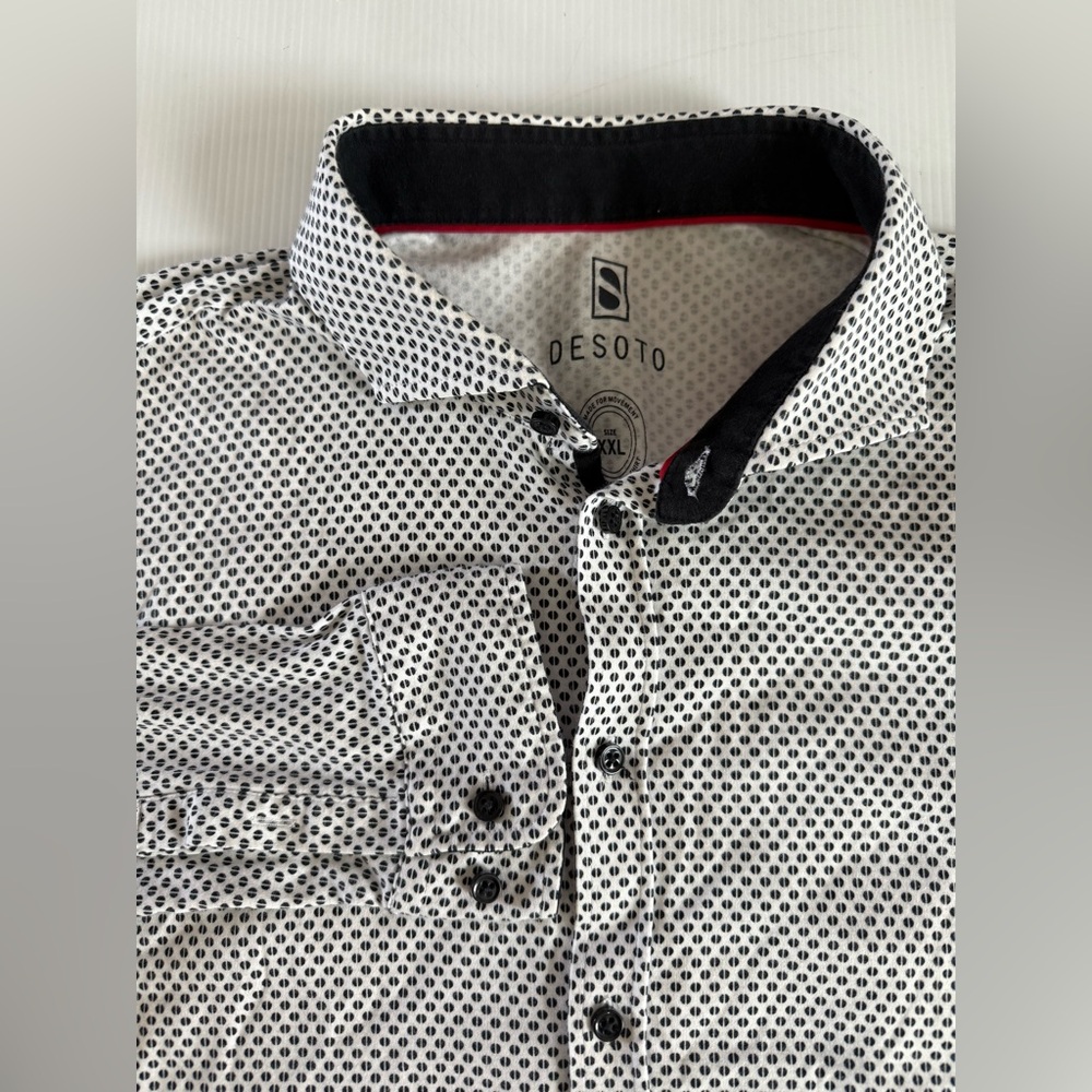DESOTO  Shirt Mens 2XL Slim Polka Dot Long Sleeve‎  Stretchy Flip Cuff